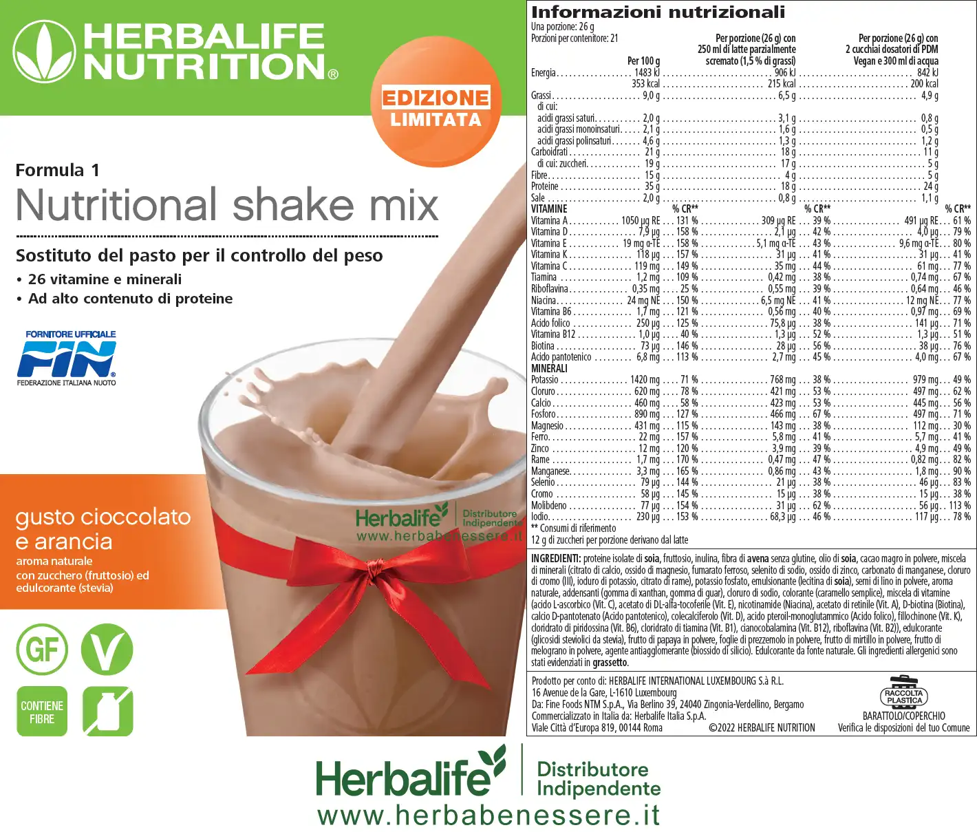 Formula 1 Herbalife ingredienti Formula 1 Herbalife etichetta Sostituto del pasto informazioni nutrizionali Cioccolato e Arancia formula 1 herbalife ingredienti formula 1 herbalife etichetta sostituto del pasto informazioni nutrizionali gusto cioccolato e arancia