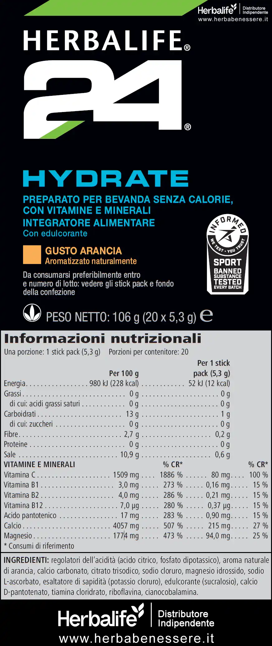 hydrate herbalife ingredienti hydrate herbalife etichetta hydrate herbalife informazioni nutrizionali