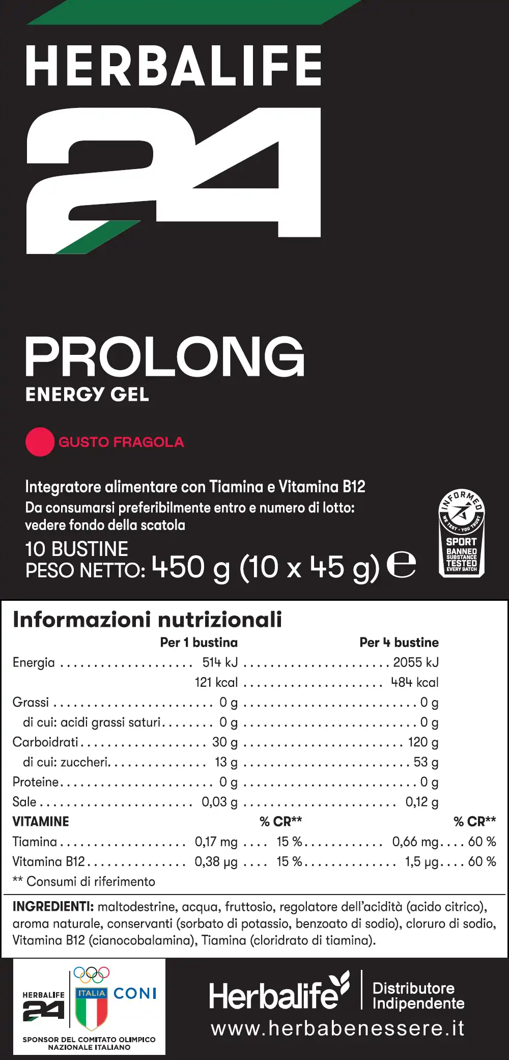 prolong energy gel herbalife ingredienti prolong energy gel Herbalife etichetta prolong energy gel Herbalife informazioni nutrizionali